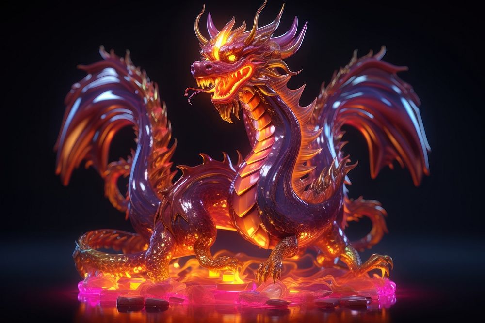 3D render of neon fire dragon icon representation illuminated creativity.