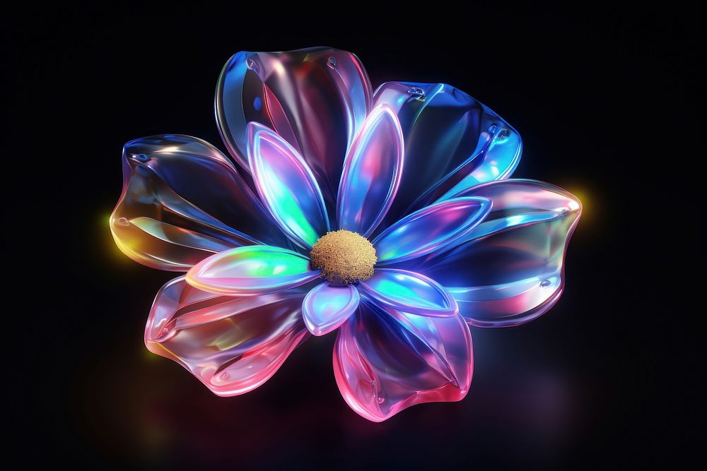 3D render of neon flower icon pattern light petal.
