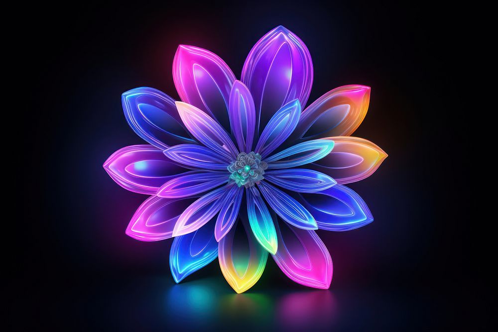 3D render of neon flower icon pattern purple light.