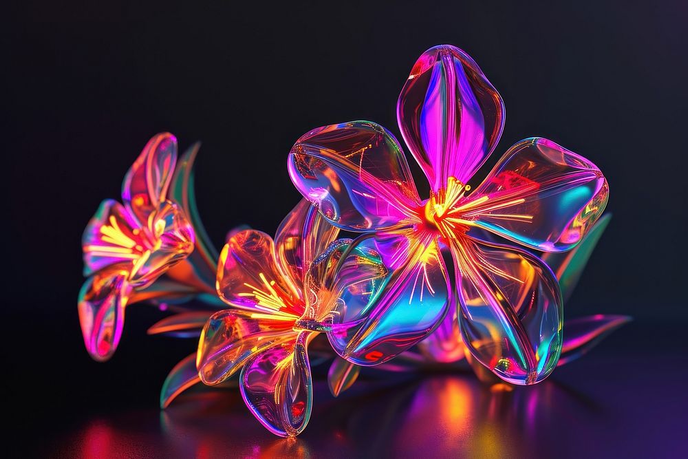 3D render of neon flowers icon light illuminated accessories.