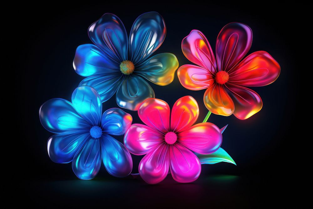 3D render of neon flowers icon plant inflorescence illuminated.