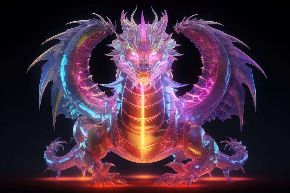 3D render of neon frying dragon icon illuminated creativity futuristic.