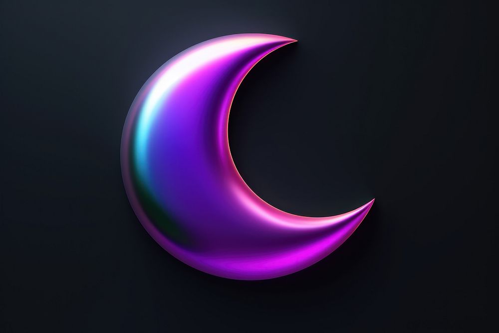 3D render of neon half moon icon night illuminated astronomy.
