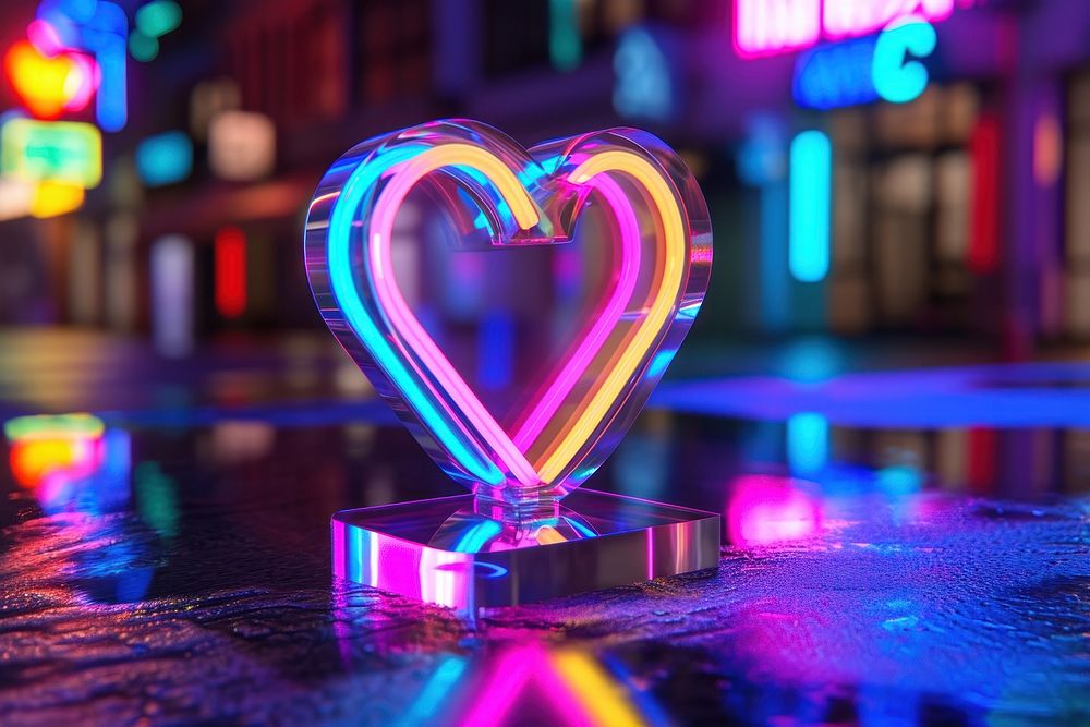 3D render of neon heart pixel icon illuminated celebration reflection.