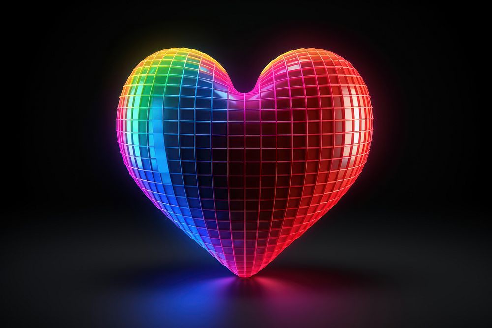 3D render of neon heart pixel icon night illuminated celebration.