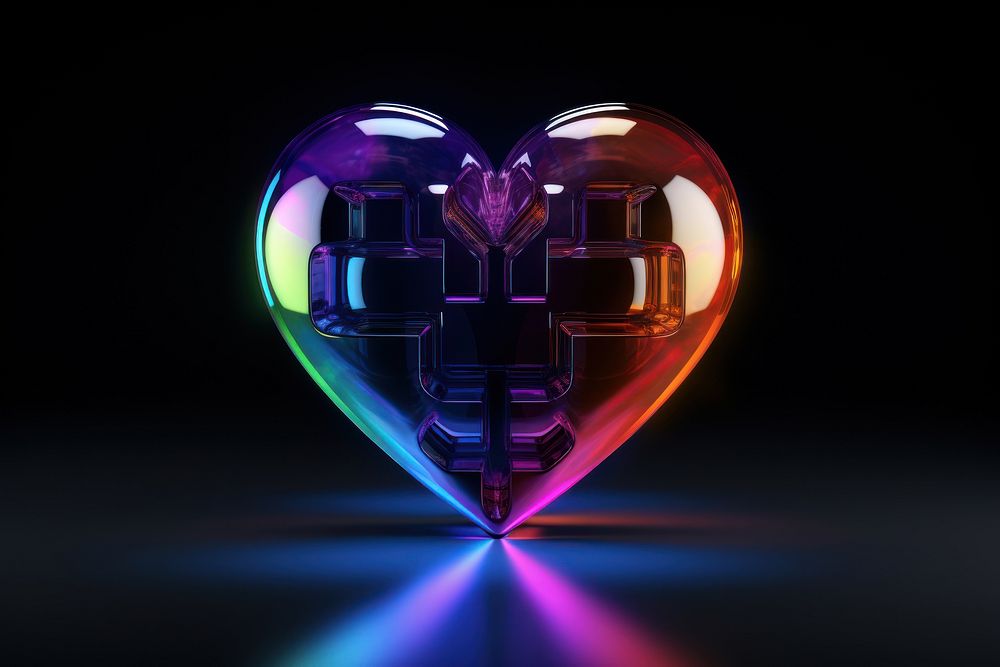 3D render of neon heart pixel icon illuminated electronics futuristic.