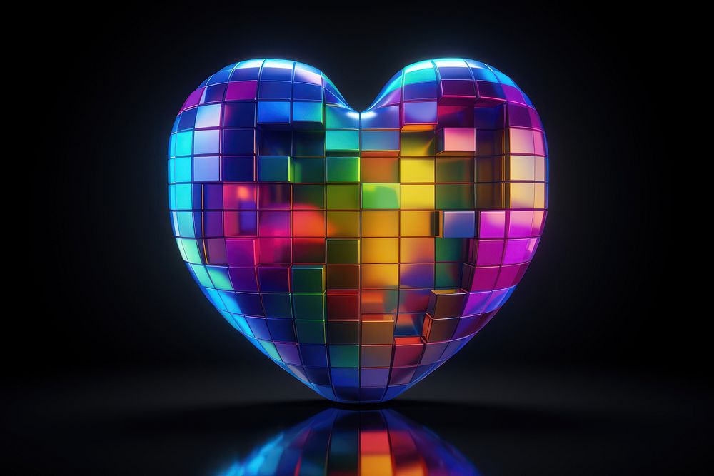 3D render of neon heart pixel icon illuminated celebration futuristic.