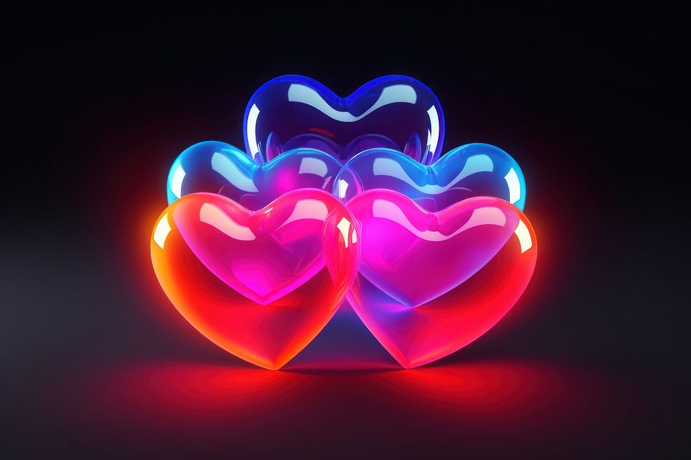 3D render of neon hearts icon night illuminated celebration.