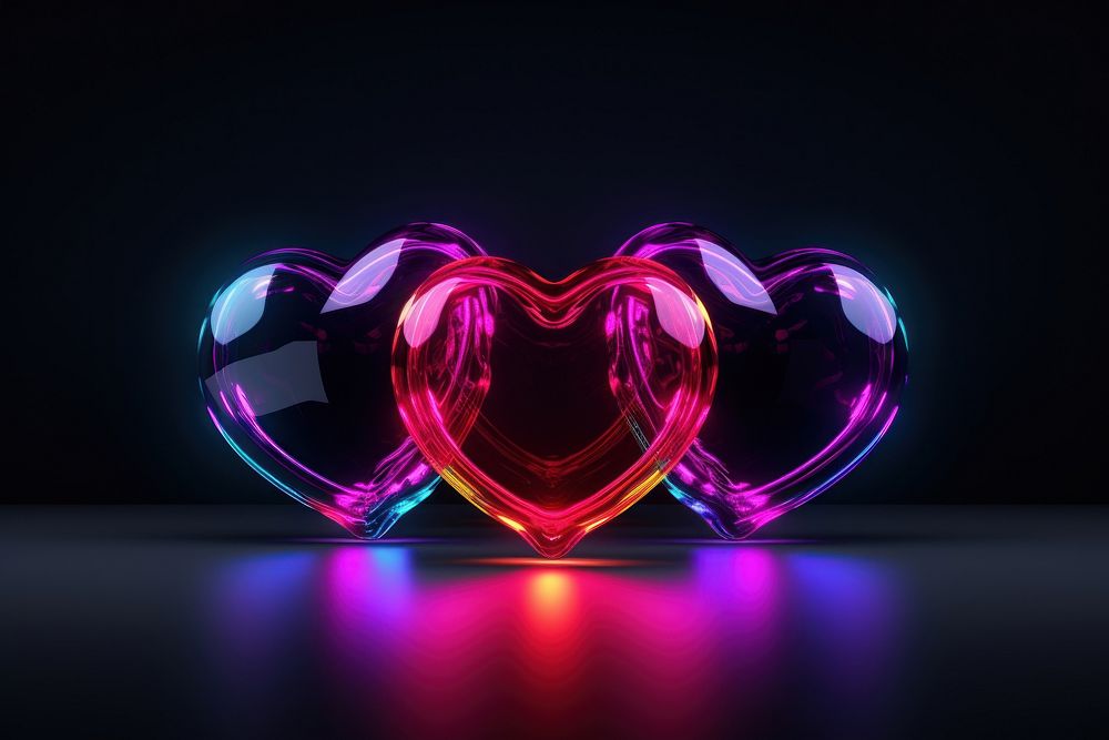 3D render of neon hearts icon illuminated futuristic chandelier.