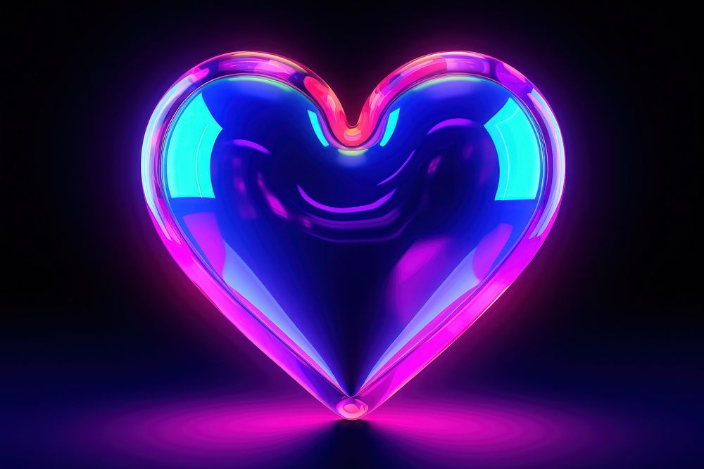 3D render of neon hearts icon purple light illuminated.
