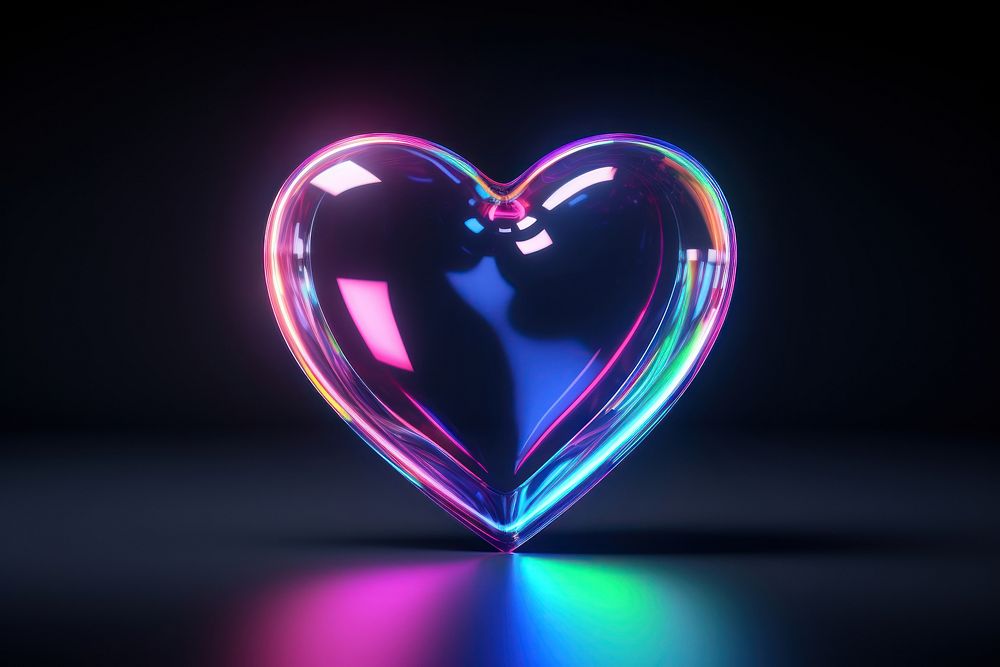 3D render of neon mini heart icon illuminated futuristic reflection.