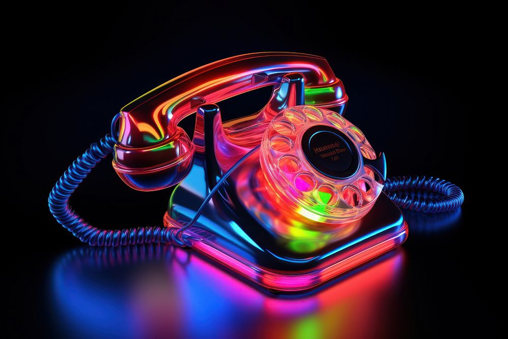 3D render of neon phone icon illuminated electronics technology.