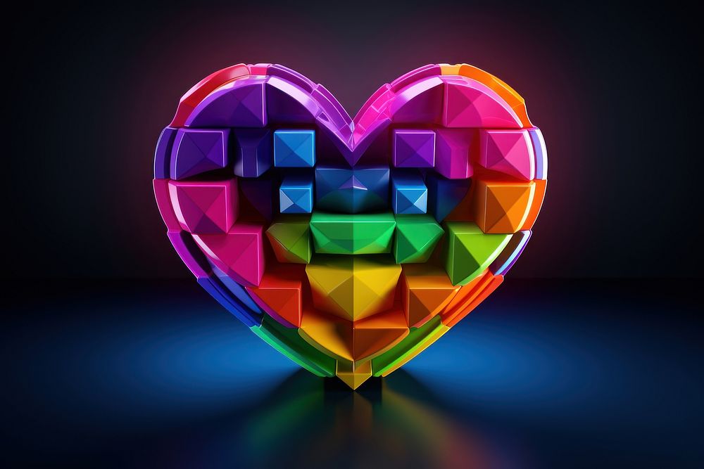 3D render of neon pixel heart icon illuminated celebration creativity.