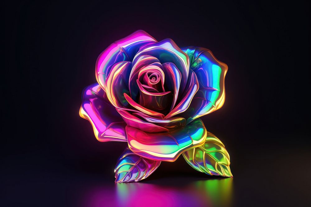 3D render of neon rose icon flower purple plant.