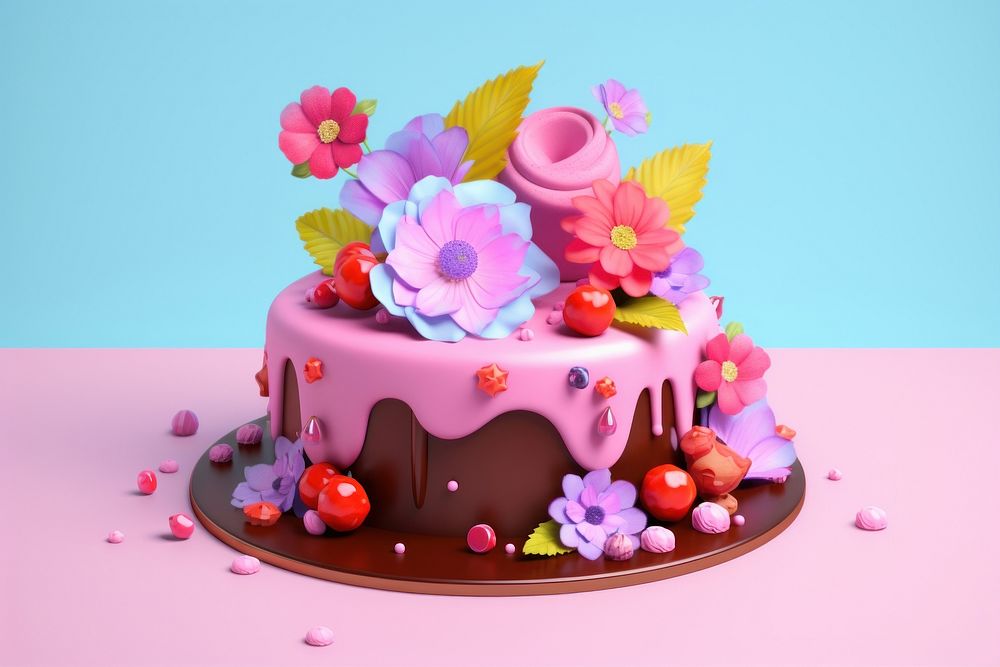 3d Surreal of a Chocolate Cake with flowers cake chocolate dessert.