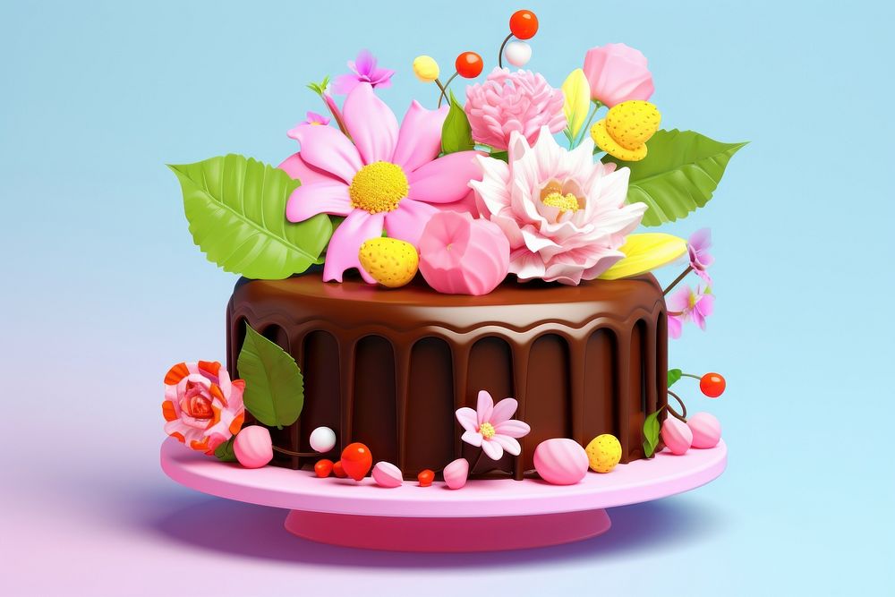 3d Surreal of a Chocolate Cake with flowers cake chocolate dessert.