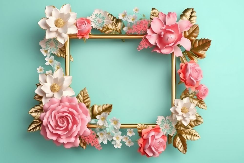 3d Surreal of a blank gold frame with flowers inflorescence celebration decoration.
