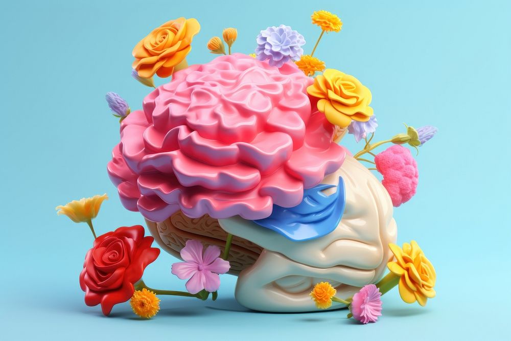 3d Surreal of a brain with flowers dessert icing plant.
