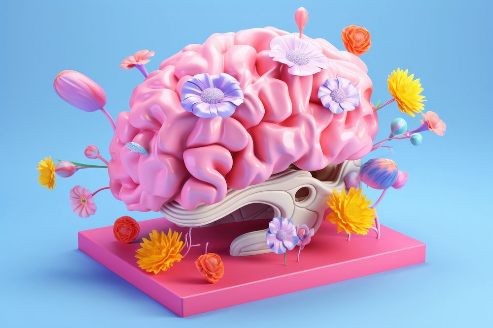 3d Surreal of a brain with flowers plant food outdoors.