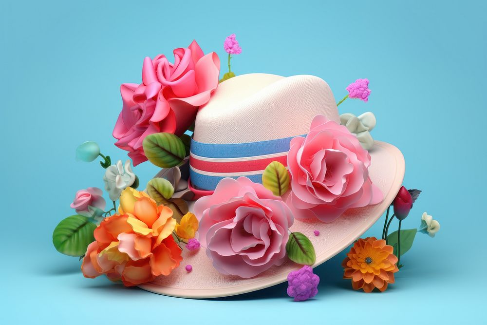 3d Surreal of a hat with flowers petal plant rose.