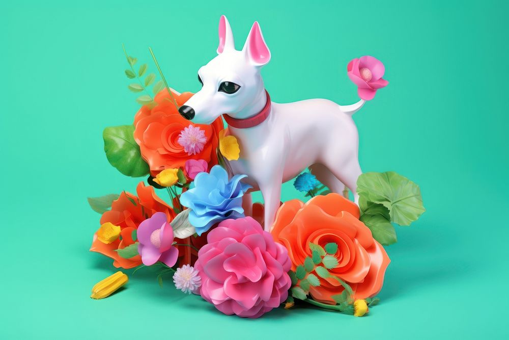 3d Surreal of a minimal dog with flowers animal mammal plant.