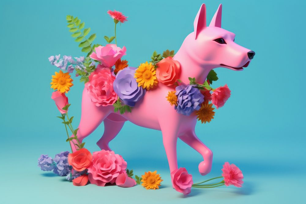 3d Surreal of a minimal dog with flowers figurine mammal animal.