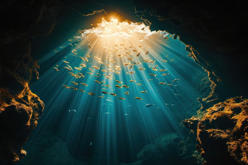 The cave in deep sea with the other fish swimming underwater sunlight outdoors.
