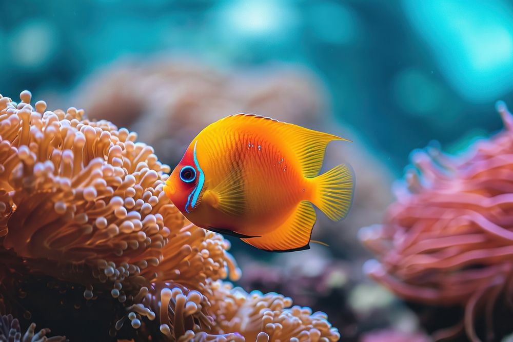 The other small fish swimming and corals on foreground in deep sea underwater outdoors animal.