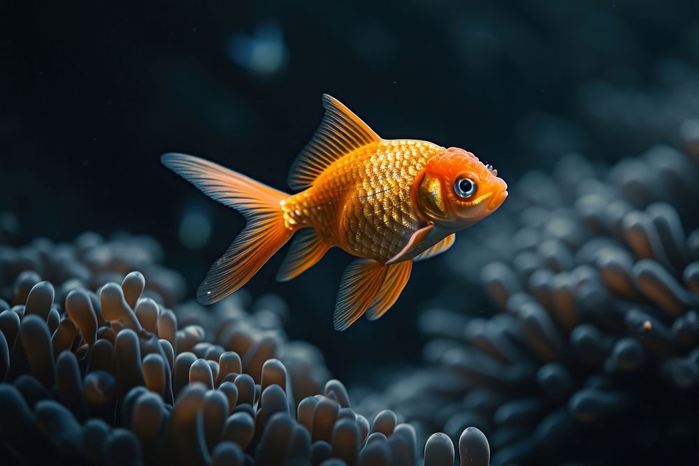 The other small fish swimming and corals on foreground in deep sea underwater goldfish animal.
