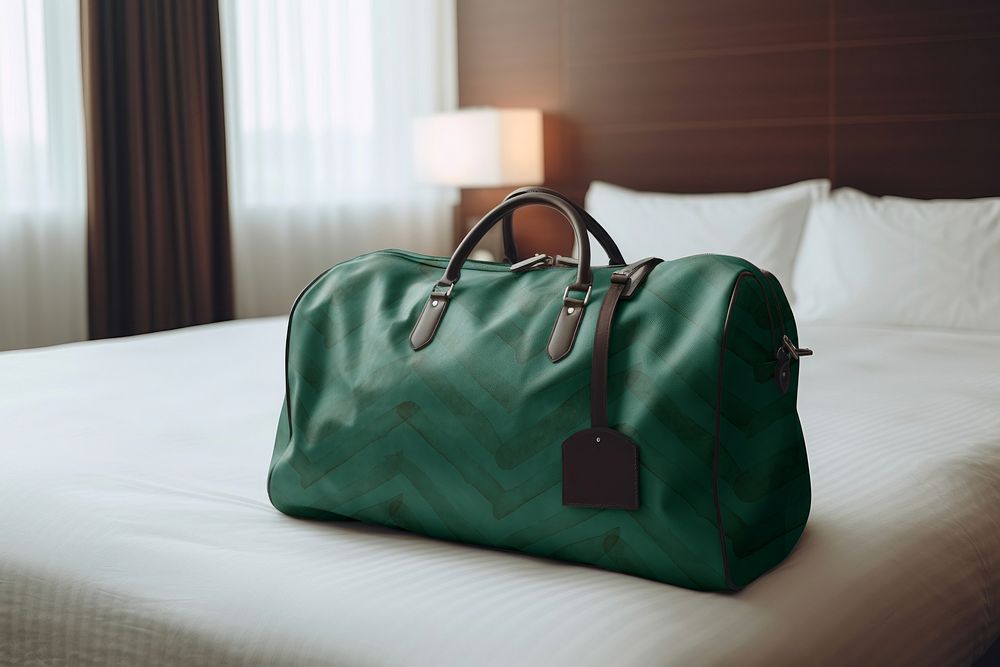Green duffle bag on hotel bed