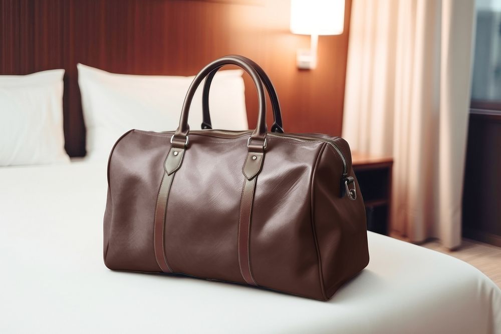 Leather duffle bag on hotel bed