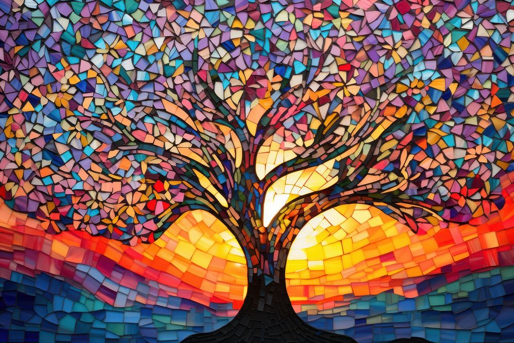 Tree with sunset background mosaic art backgrounds.
