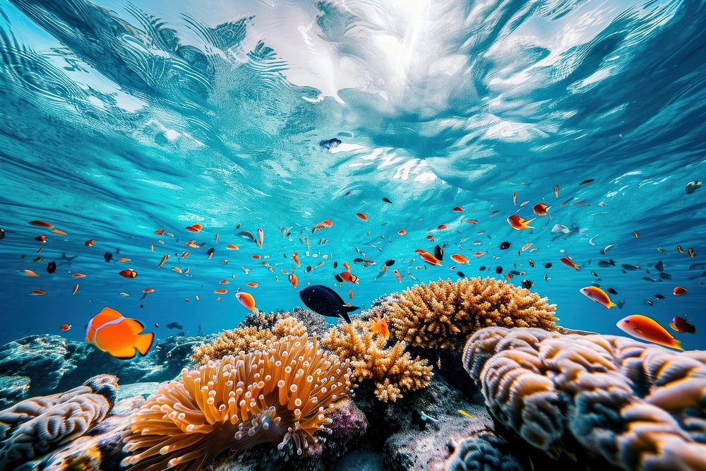 A coral swimming with other sea fishes in blue ocean underwater outdoors nature.