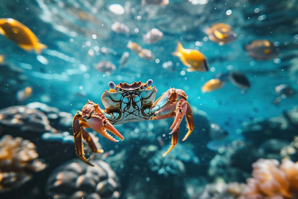 A crab swimming with other sea fishes in blue ocean underwater outdoors seafood.