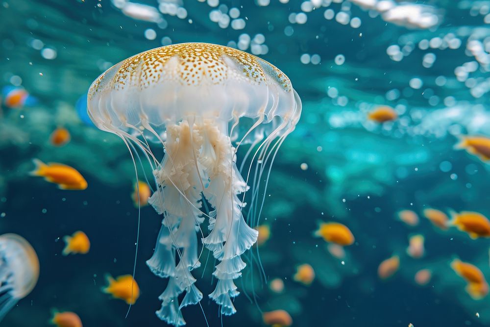 A jellyfish swimming with other sea fishes in blue ocean underwater animal invertebrate.