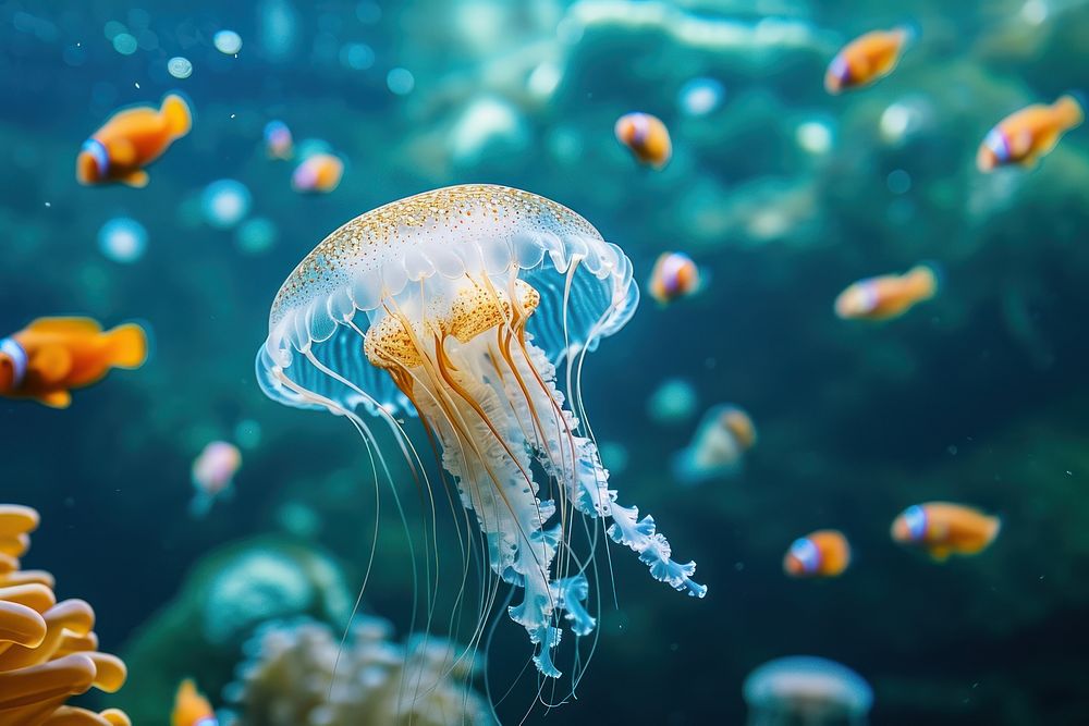 A jellyfish swimming with other sea fishes in blue ocean underwater outdoors animal.