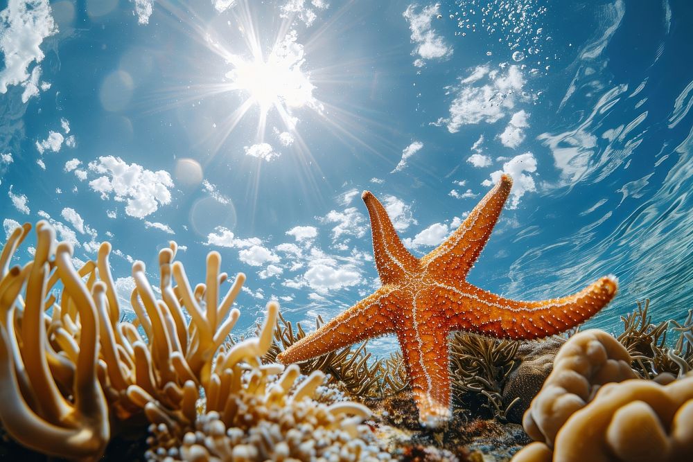 A starfish with corals underwater sunlight outdoors.