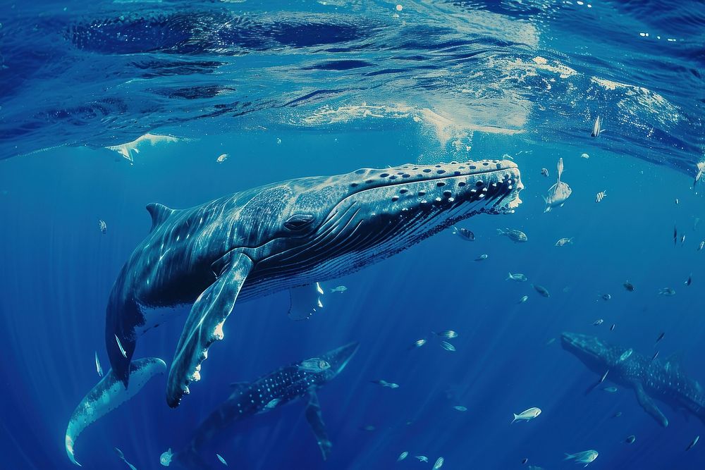 A whale swimming with other sea fishes in blue ocean underwater outdoors animal.