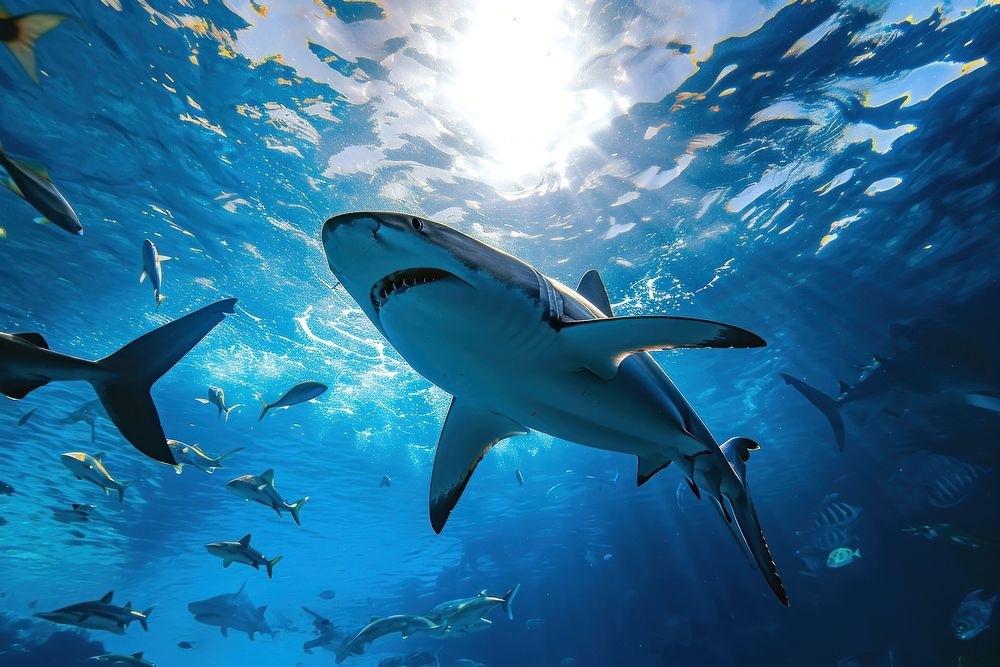 Big shark swimming with other sea fishes in blue ocean underwater outdoors nature.