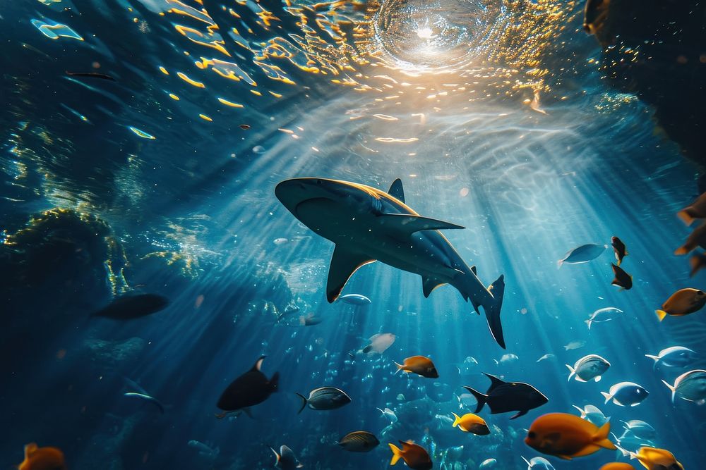 Big shark swimming with other sea fishes in blue ocean underwater aquarium outdoors.