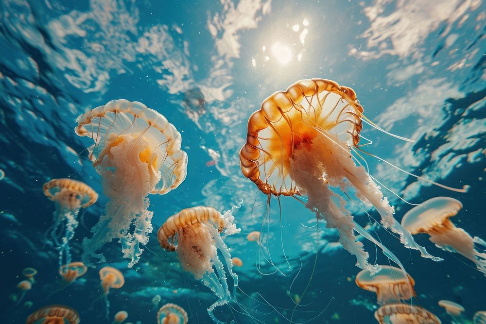 Jellyfishs swimming with other sea fishes in blue ocean underwater outdoors animal.