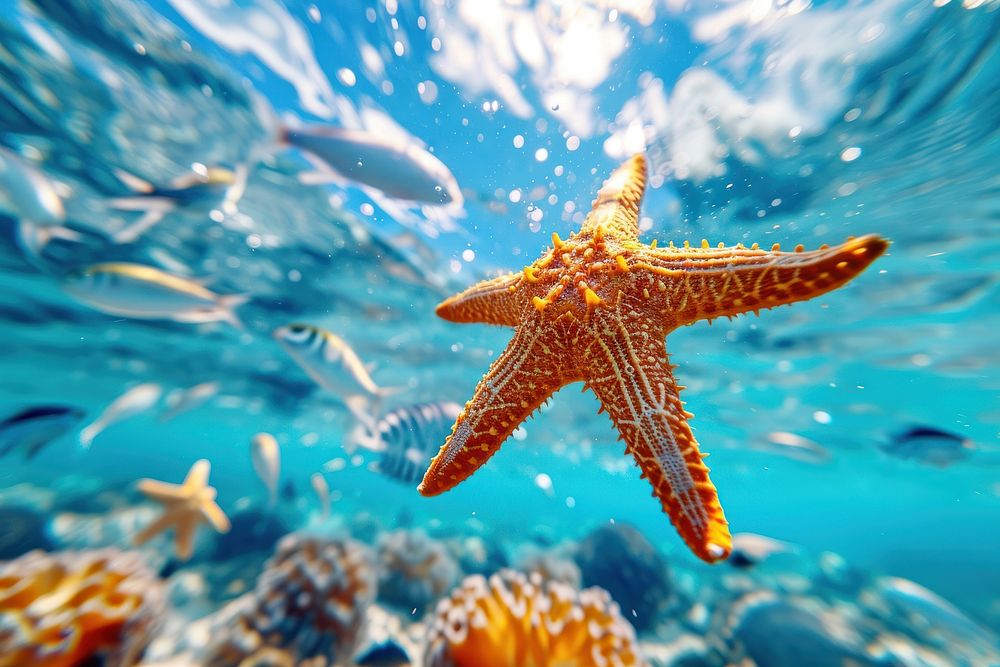 Starfish swimming with other sea fishes in blue ocean underwater outdoors nature.