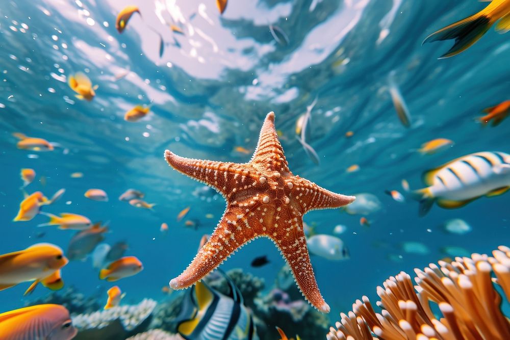 Starfish swimming with other sea fishes in blue ocean underwater outdoors nature.