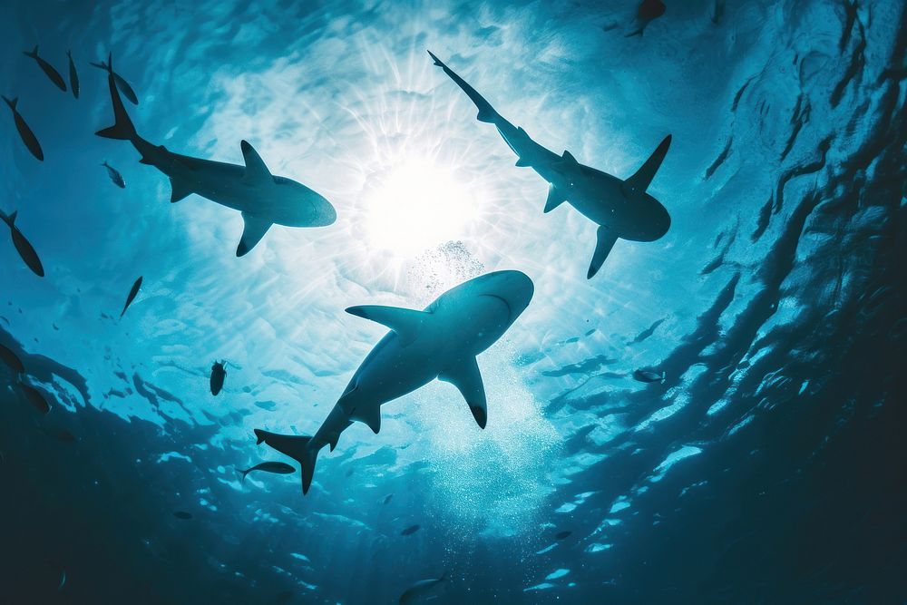 3 sharks swimming with other sea fishes in blue ocean underwater outdoors animal.