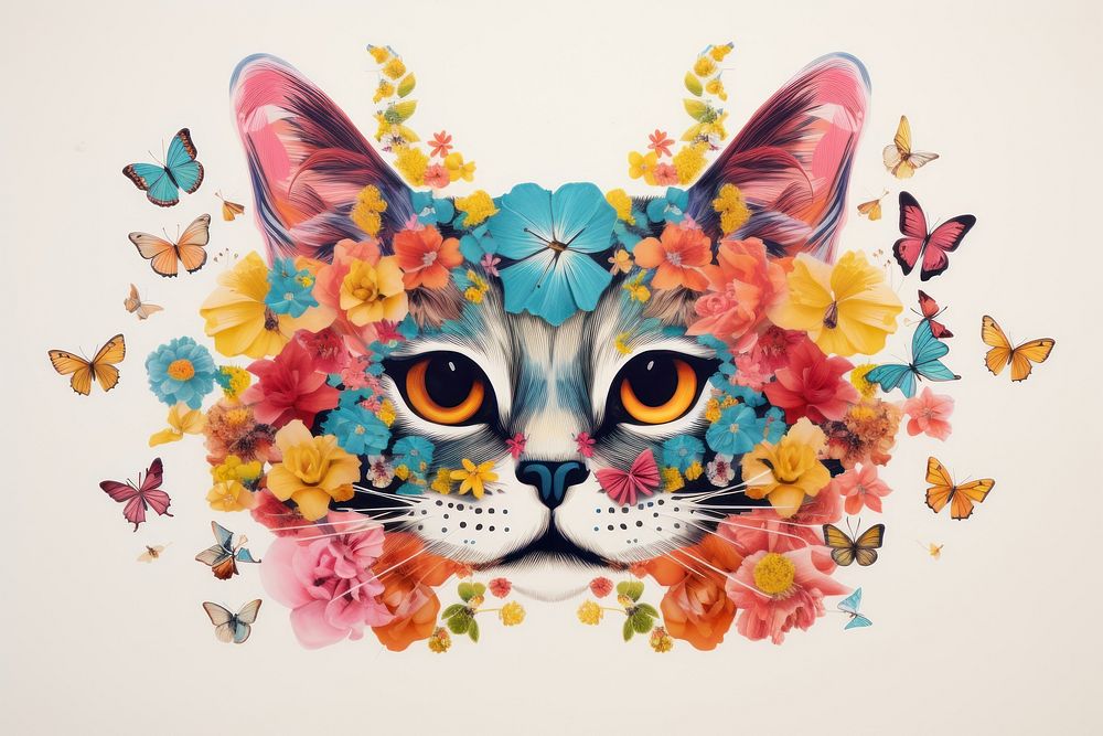 Cat flower and butterflies art graphics pattern. AI generated Image by rawpixel.
