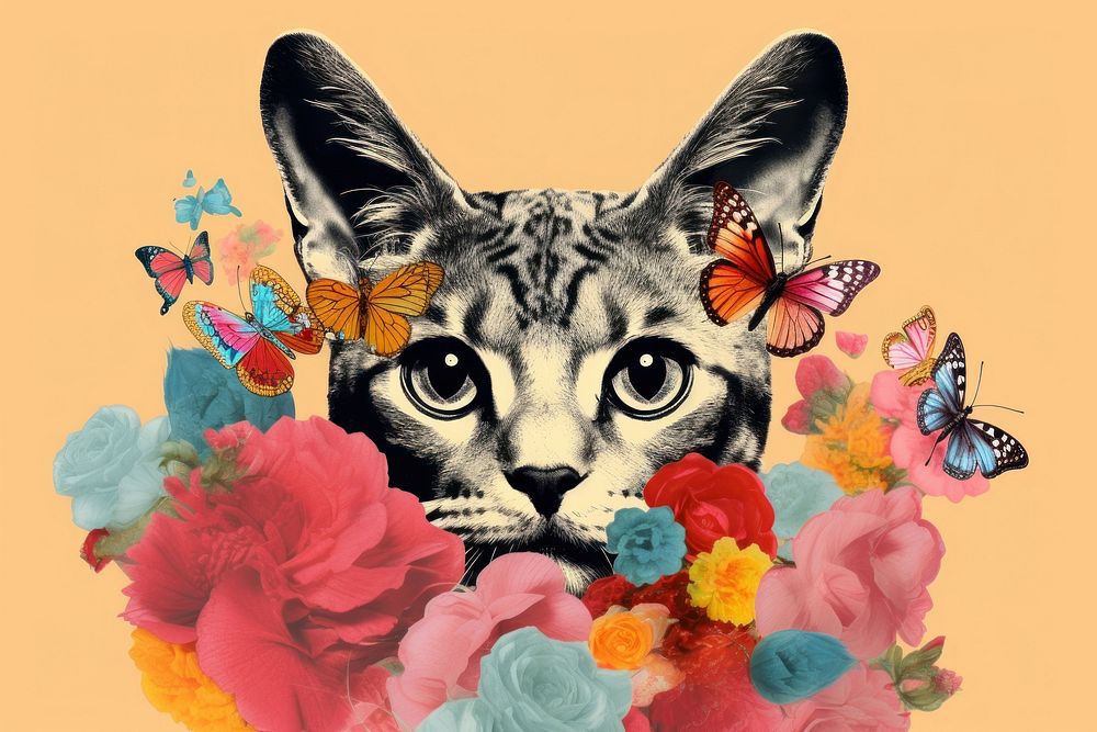 Cat flower and butterflies art graphics pattern. AI generated Image by rawpixel.