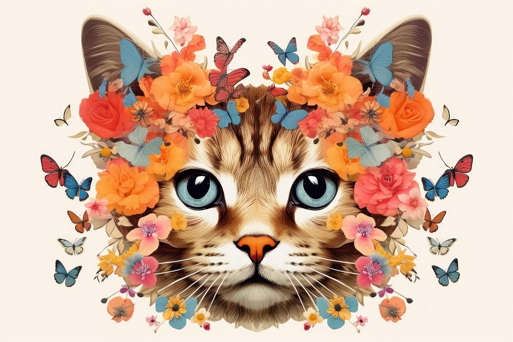Cat flower and butterflies art pattern animal. AI generated Image by rawpixel.