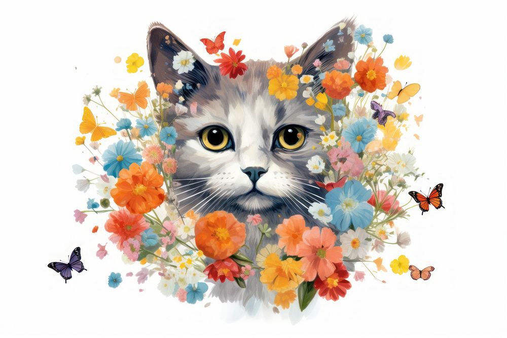 Cat flower and butterflies animal mammal plant. AI generated Image by rawpixel.