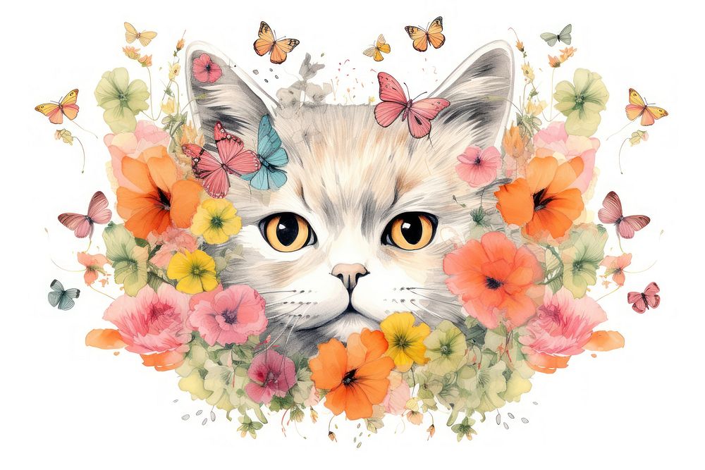Cat flower and butterflies pattern collage animal. AI generated Image by rawpixel.