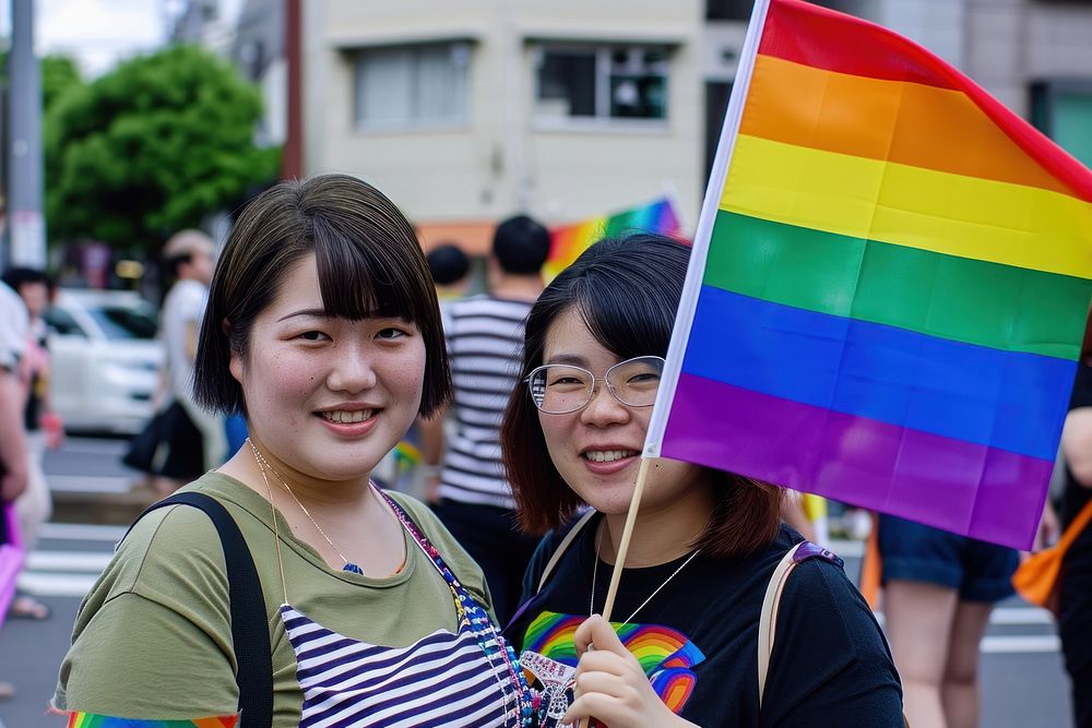 Japanese chubby Lesbian couple flag parade pride.